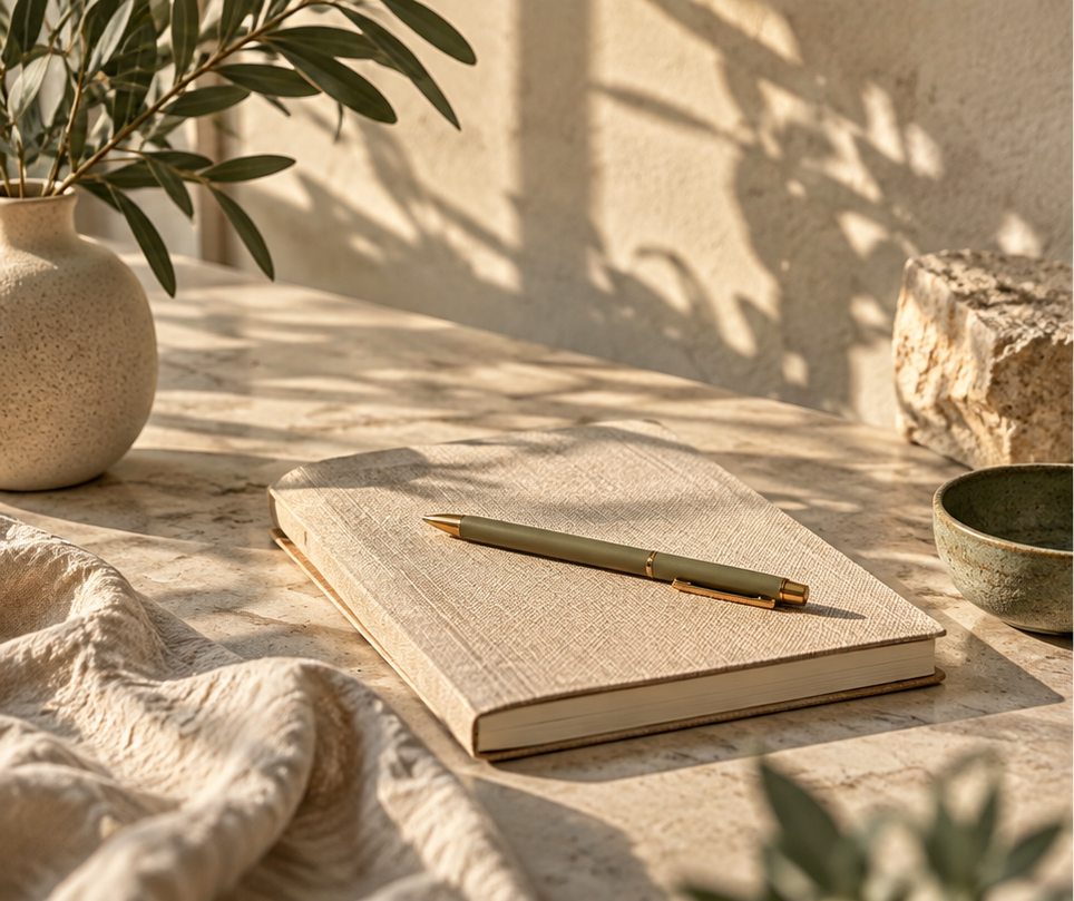 Quiet sunlit desk with a notebook and a pen